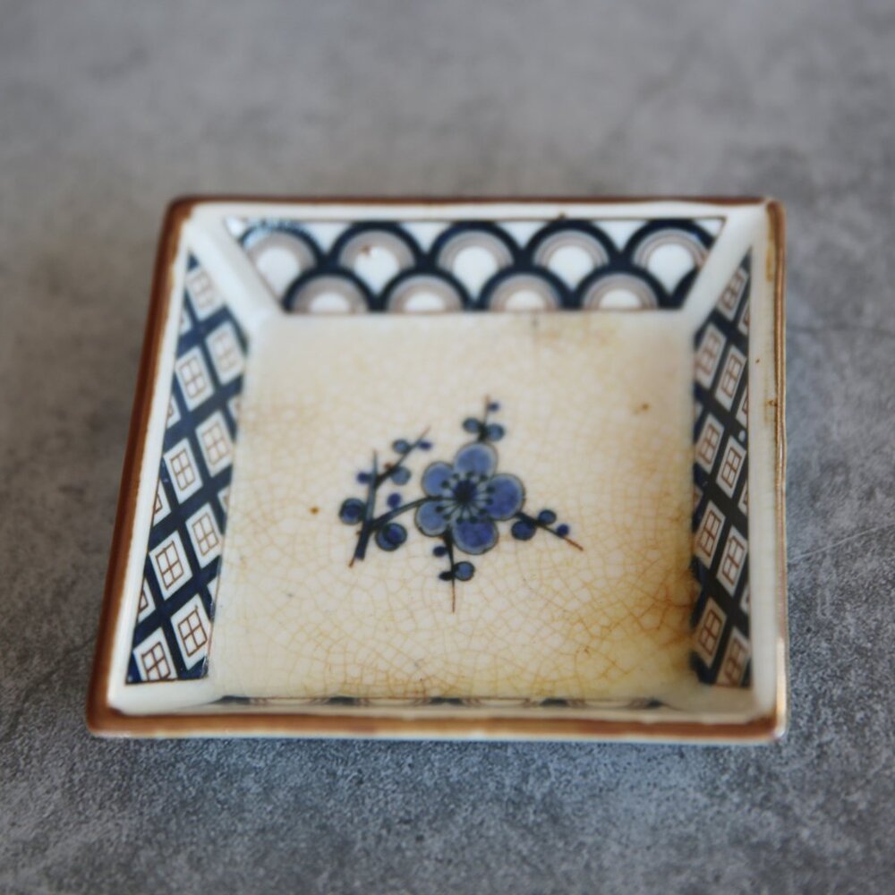Vintage Japanese Square Blue and White Floral and Bamboo Dish